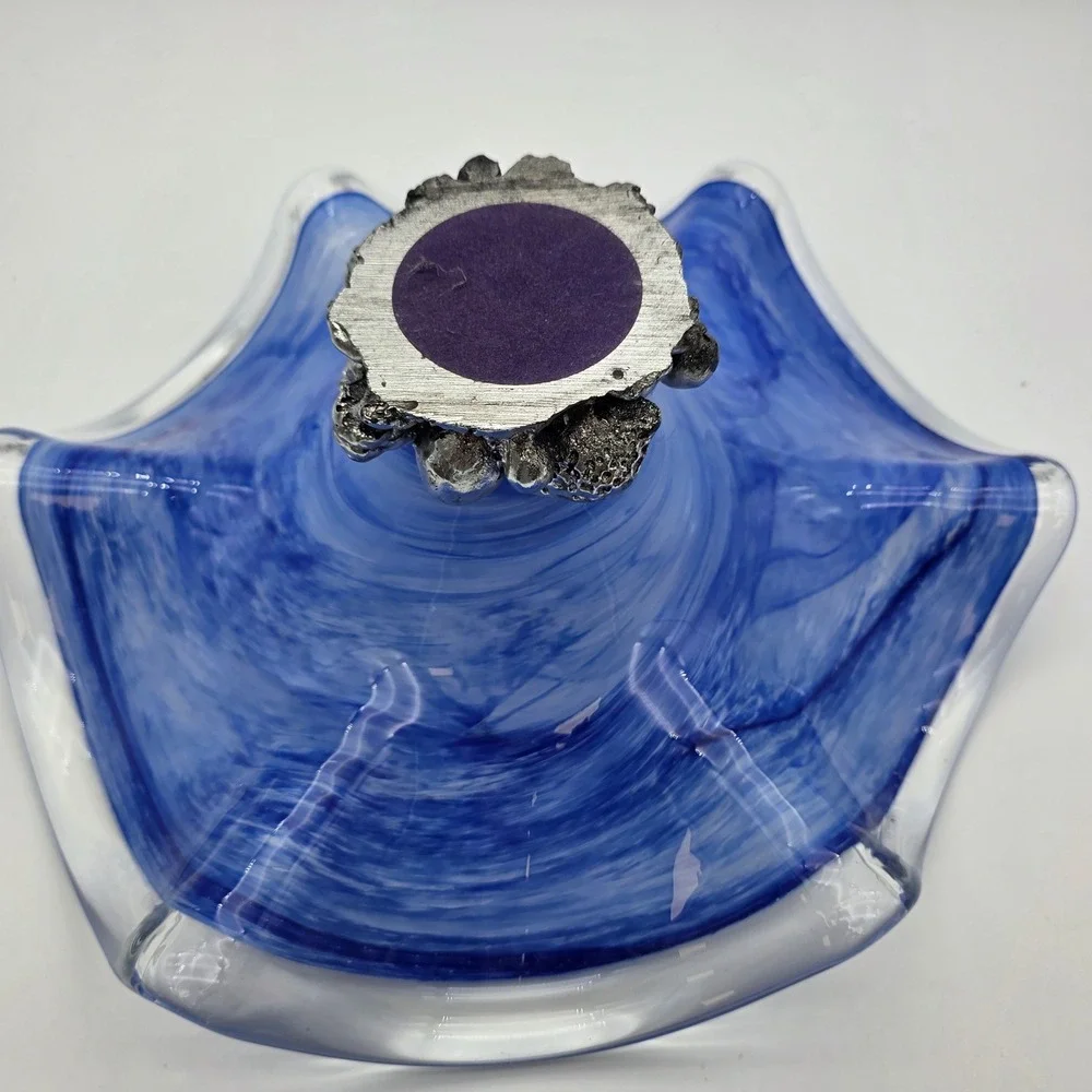 Cristalli d'Oggi Bowl Murano Glass Silver Fruit Base blue White Swirl 12in